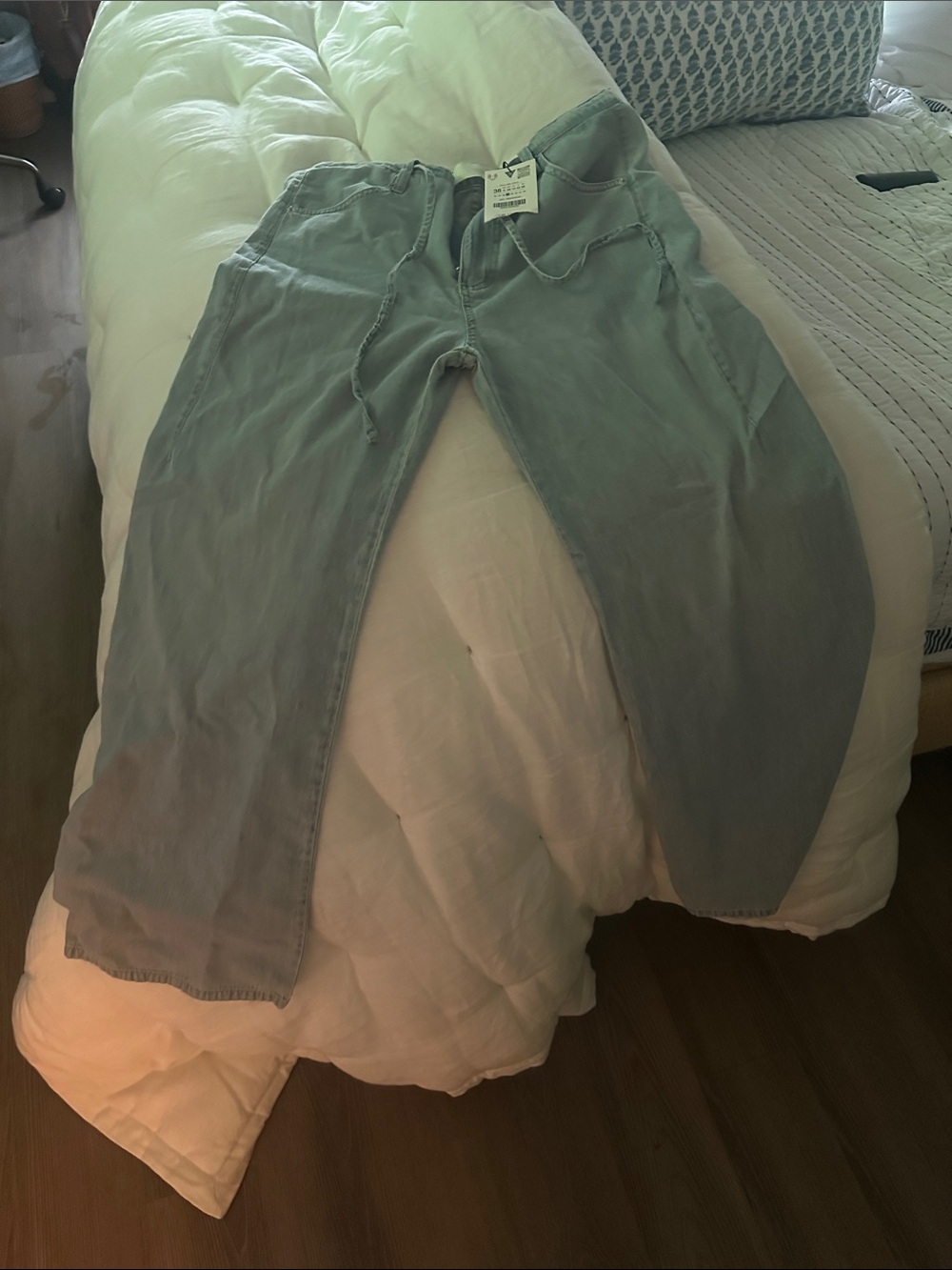 Zara Light Sage Green Wide Leg Drawstring Pants